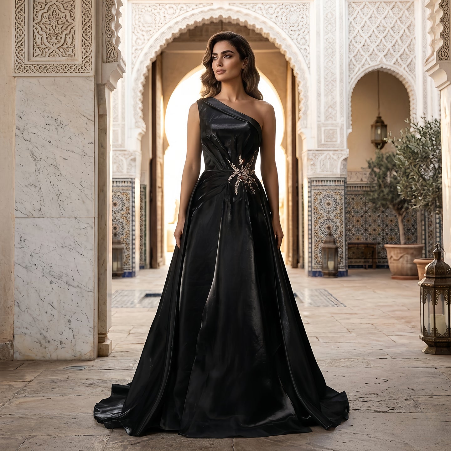 Romantic Pink One-Shoulder Beaded Mermaid Evening Dress with Overskirt SF503