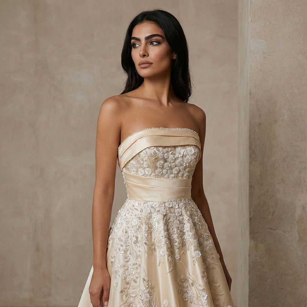 Elegant 3D Floral Beaded Champagne Sequin Evening Dress XD045
