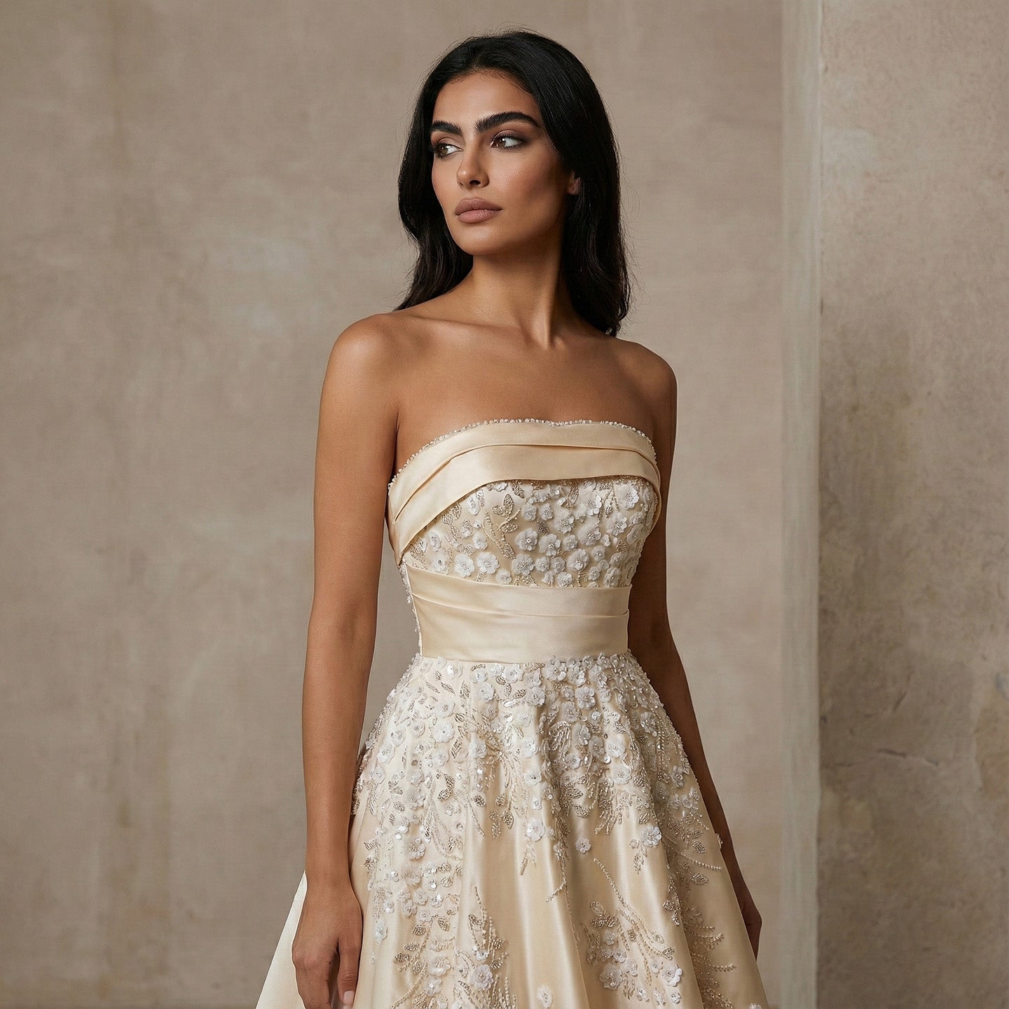 Elegant 3D Floral Beaded Champagne Sequin Evening Dress XD045