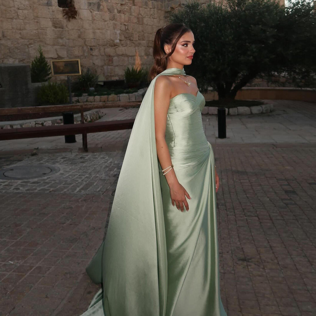 Luxury Mint Green Sweetheart Satin Evening Dress with Cap SF157