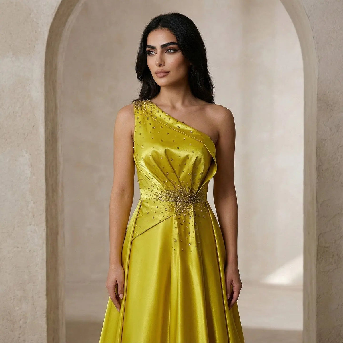 Vibrant Crystal Sequin Yellow Satin Evening Dress with Overskirt XD049