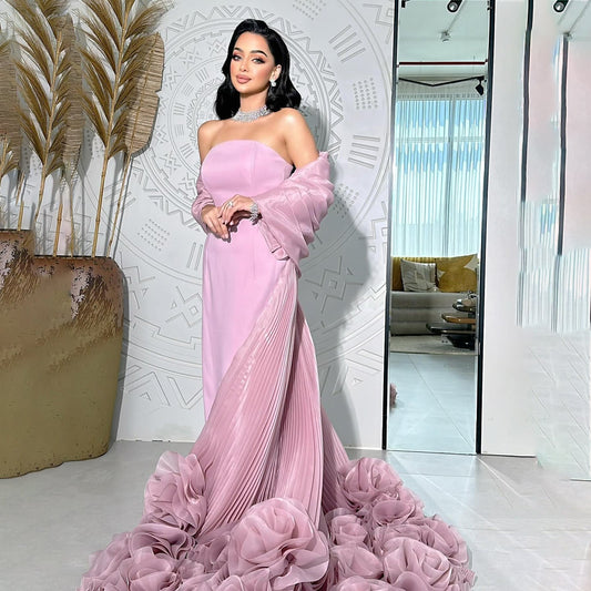 Luxury Strapless Pink Evening Dress with 3D Floral Overskirt SF485