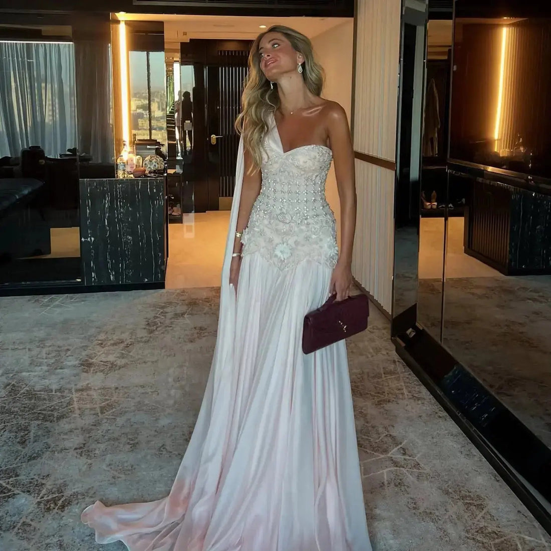Luxury Blush Pink Beaded 3D Floral One-Shoulder Cape Evening Dress SS285