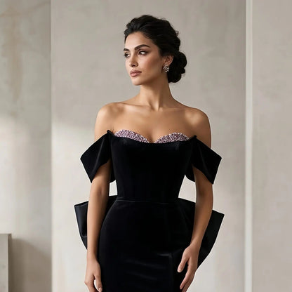 Luxury Black Velvet Beaded Fitted Train Evening Dress with Bow SS739