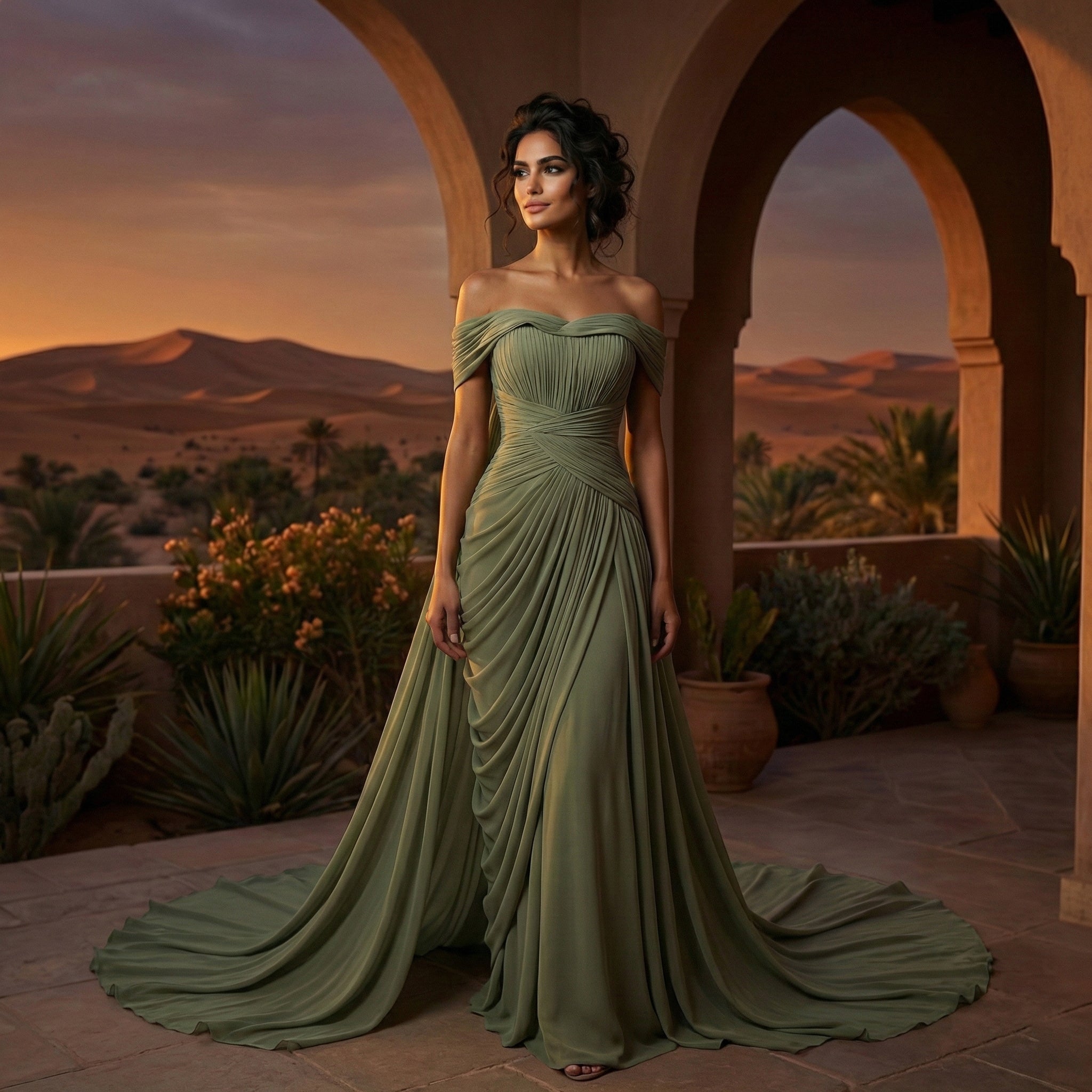 Luxury Green Off-the-Shoulder Ruched Fitted Evening Dress with Cap SF423