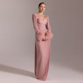 Luxury Feather Fuchsia Long Sleeves Evening Dress with Feathers and Overskirt SF411