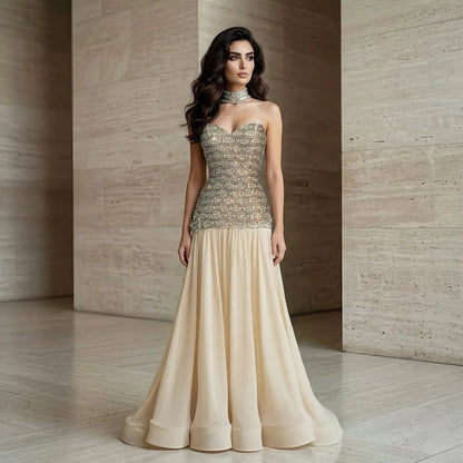 Opulent Gold Strapless Beaded Corset Evening Dress with Choker SS504