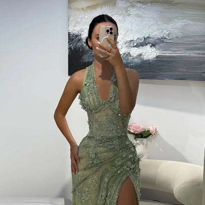 Glamorous Green Halter Lace Evening Dress with Slit SF521