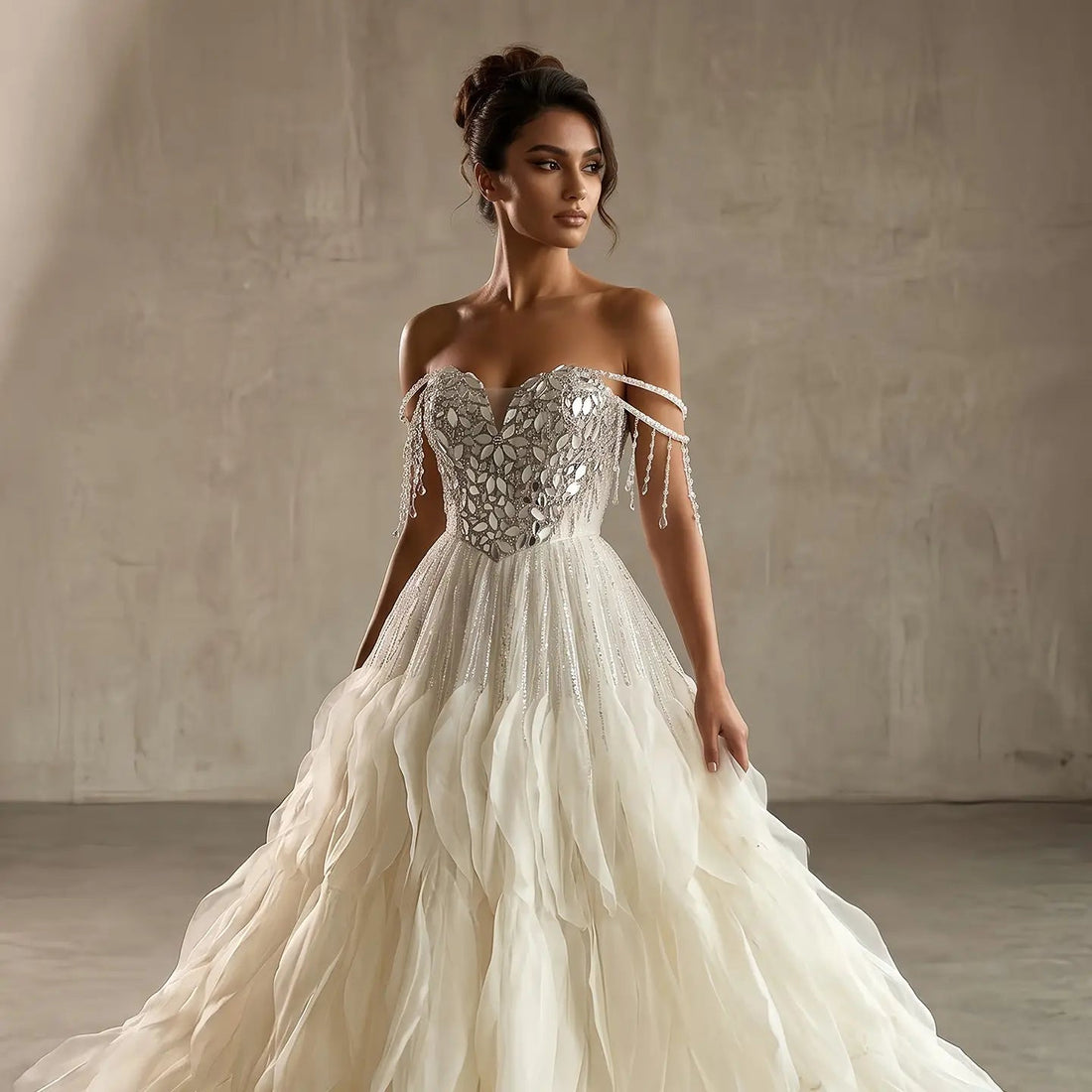 Luxury Beige Tassel Strapless Layered Tulle Ball Gown Evening Dress SS734