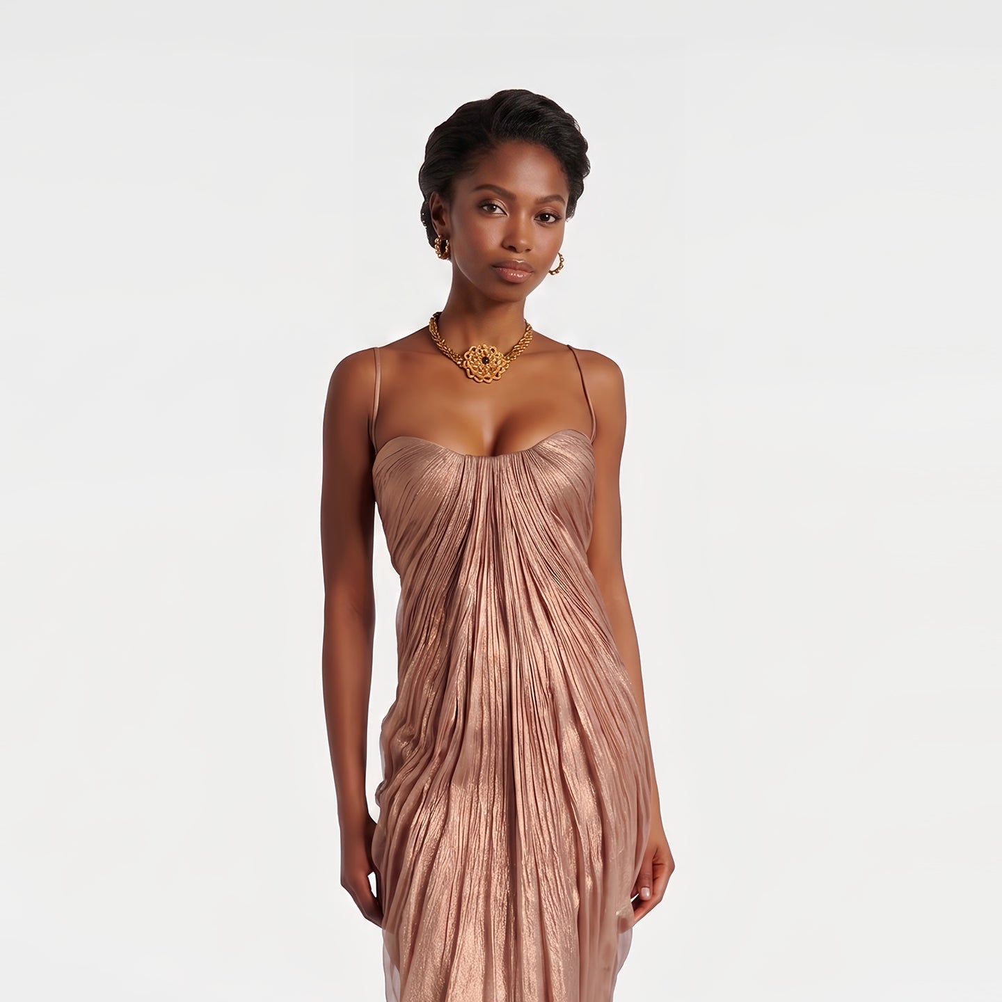 Glamorous Brown Spaghetti Strap Pleated Evening Dress SF194
