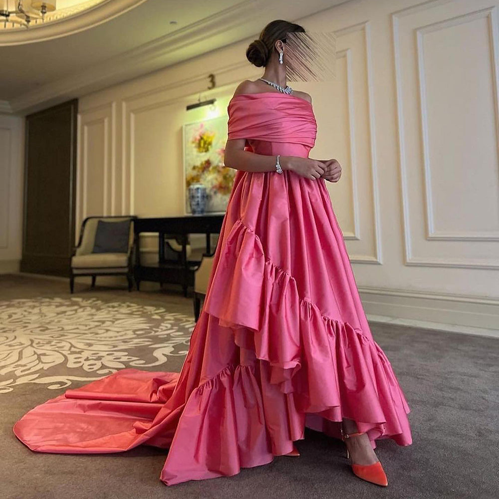 Elegant Pink A-Line Strapless Pleats Satin Evening Dress SF020