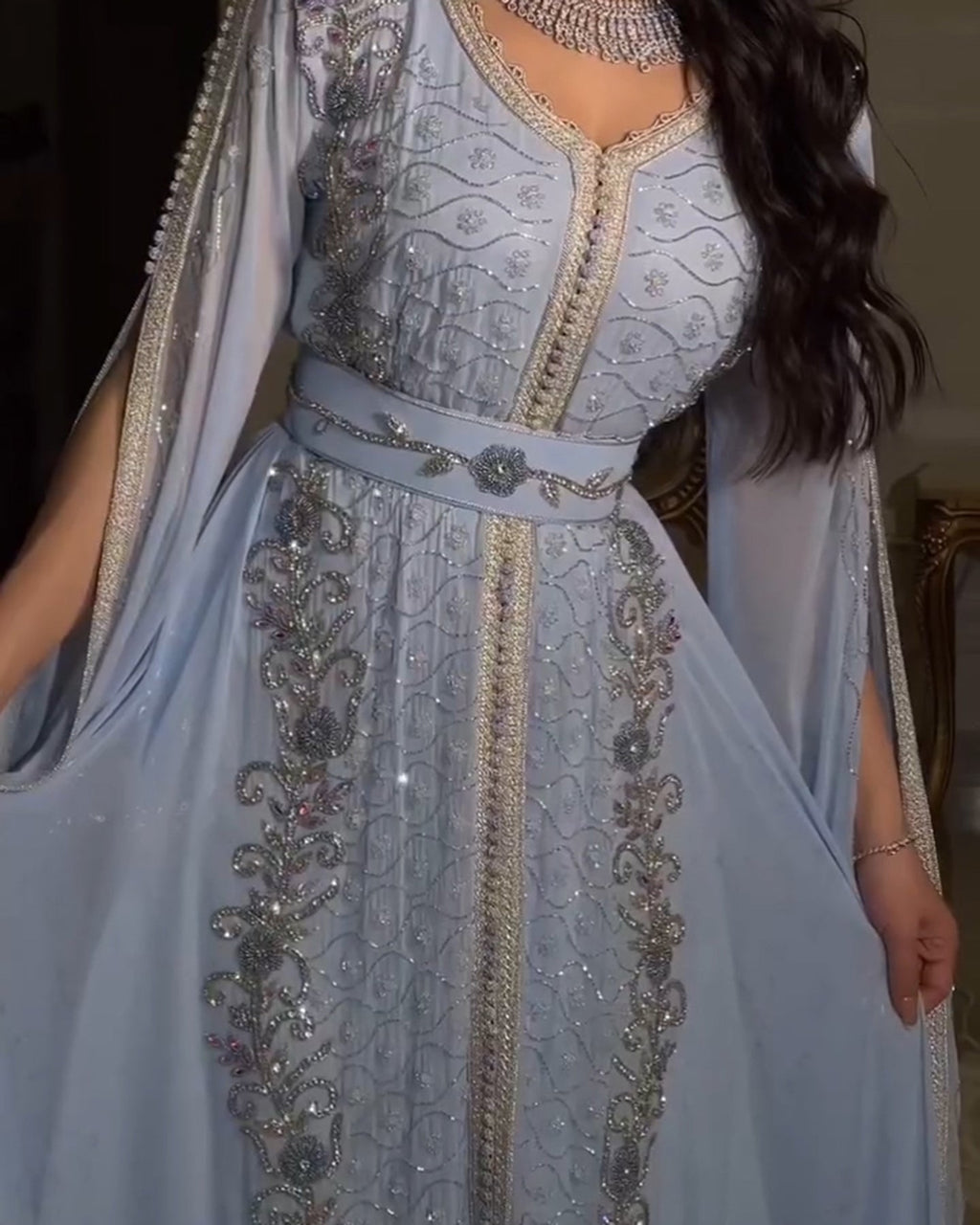 Luxury Beaded Blue Long Sleeve Evening Dresses SS404