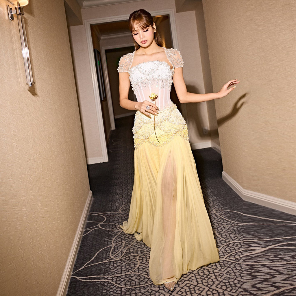 Luxury Pearls Tassel Blue and Yellow Evening Dress with Flowing Sleeves SS286