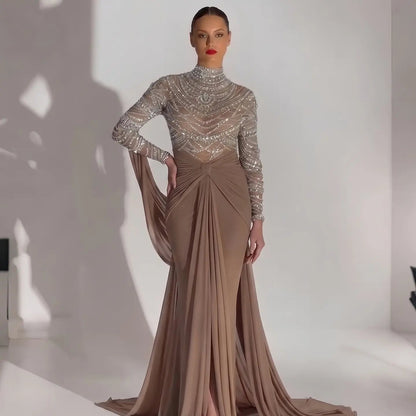 Glamorous Brown High Neck Beaded Evening Dress with Draped Skirt SS402