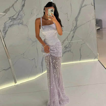 Chic Lilac Two Pieces Evening Dress with Spaghetti Straps SS697