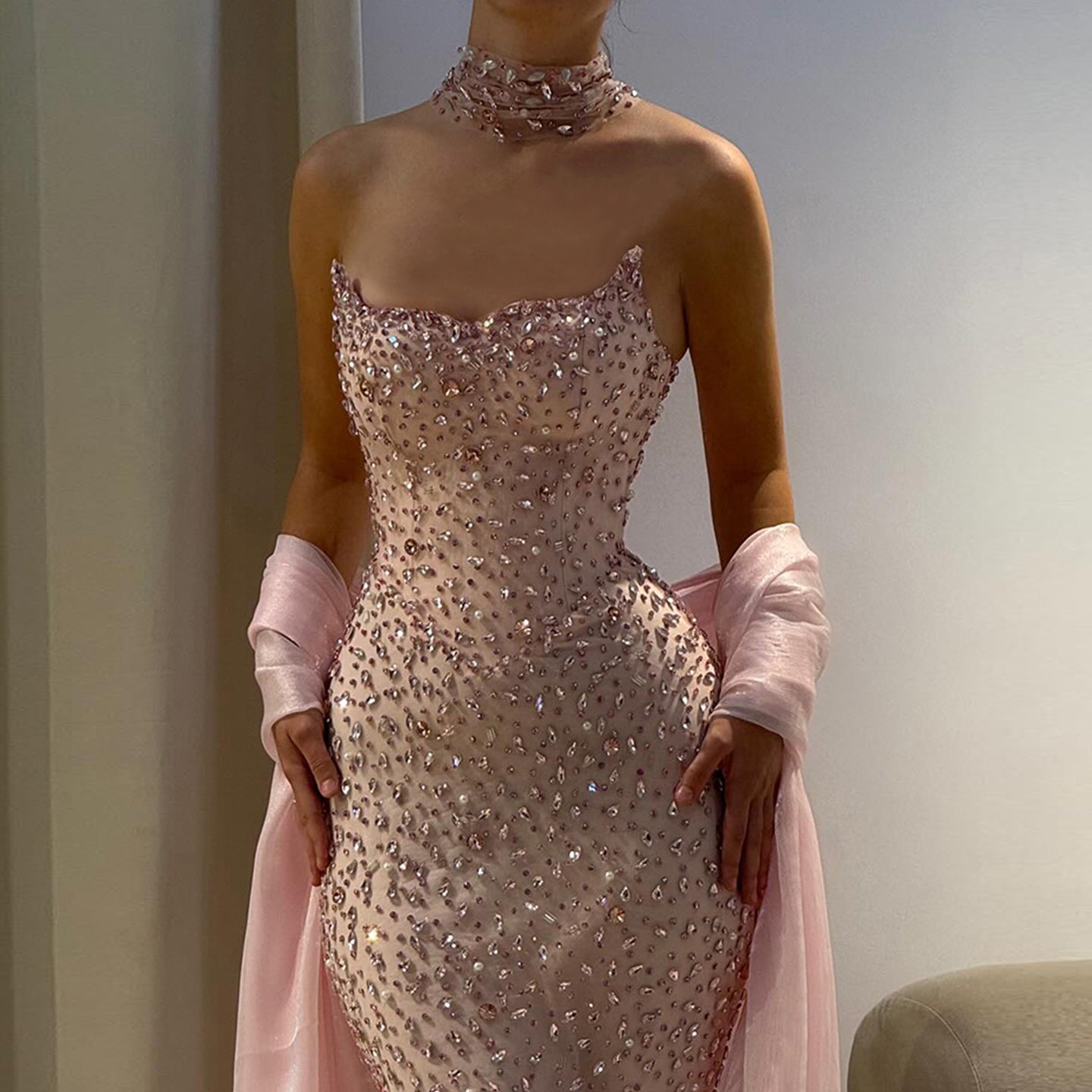 Luxury Pink Strapless Crystal Evening Dress with Cape and Choker SS382
