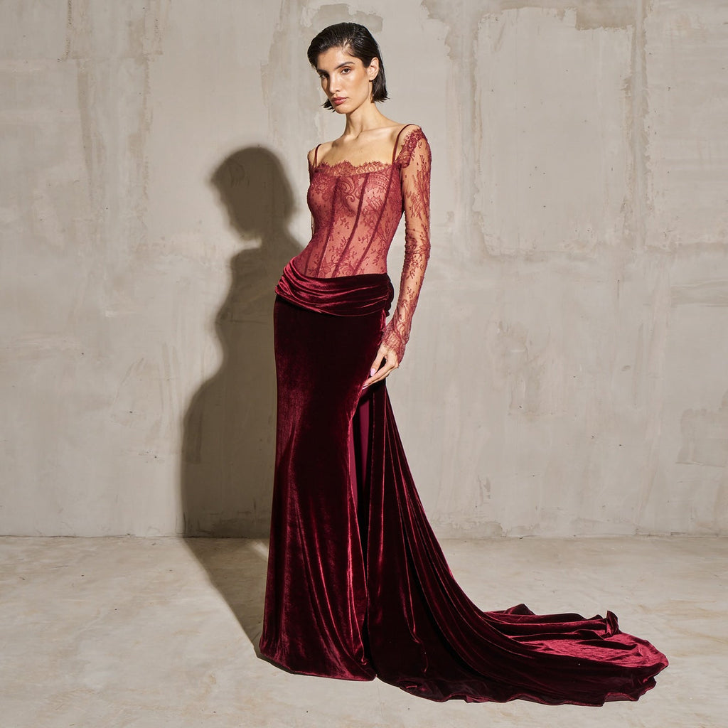 Luxury Wine Red Velvet Printed Evening Dress with Overskirt SF056