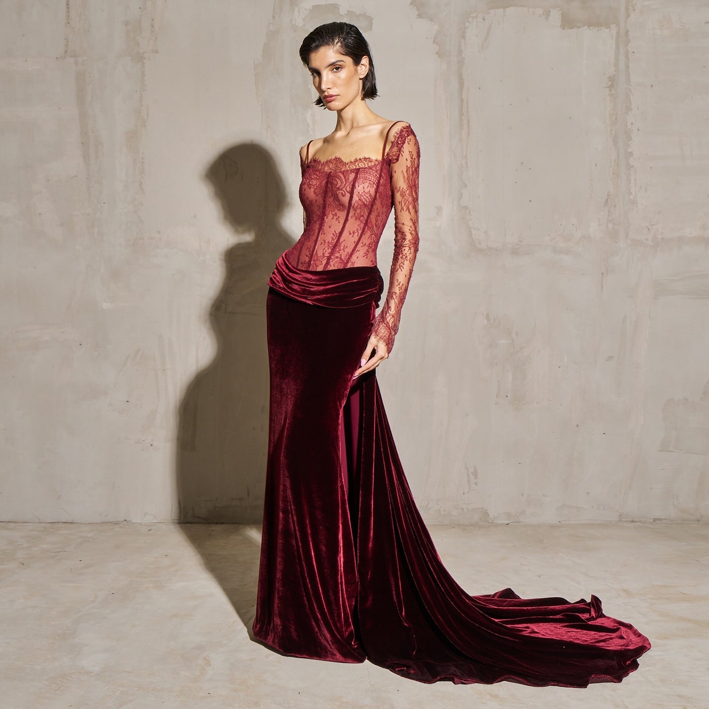 Luxury Wine Red Velvet Printed Evening Dress with Overskirt SF056