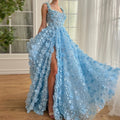 Chic Lilac 3D Embroidered Flowers Evening Dress with High Slit SS357