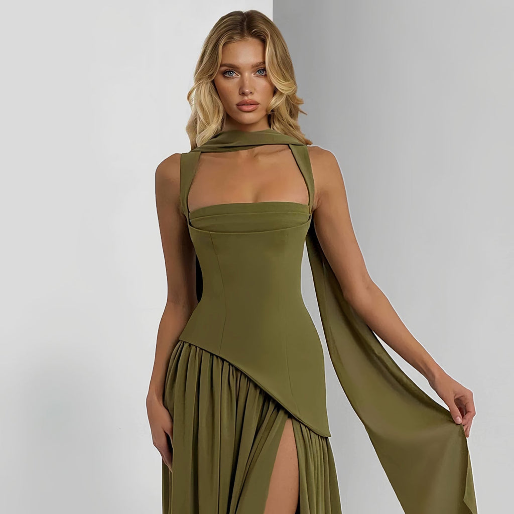 Edgy Green High Slit Chiffon Evening Dress with Scarf SF102