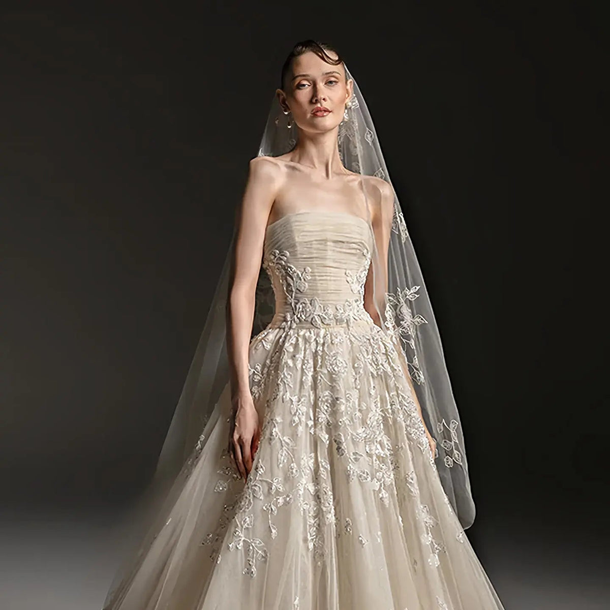 Romantic Champagne Strapless Floral Lace Tulle A-Line Wedding Dress with Veil SW664