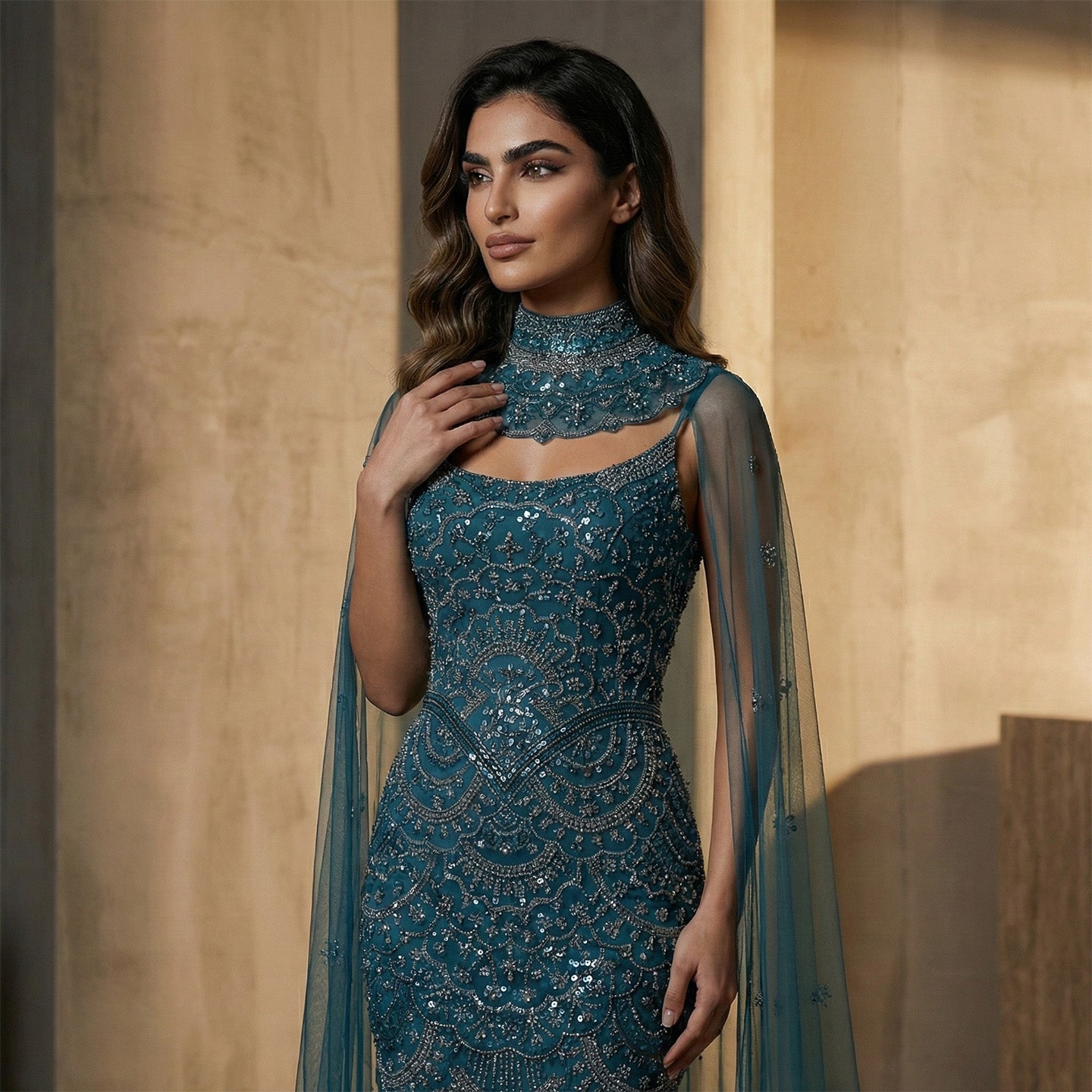 Luxury Teal Halter Neck Beaded Cape Mermaid Evening Dress SS028