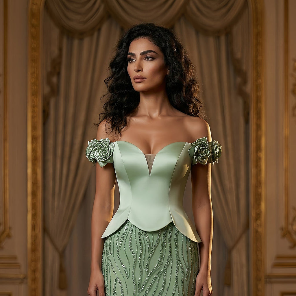 Elegant Green Off-the-Shoulder 3D Floral Sequin Formal Evening Dress SS640