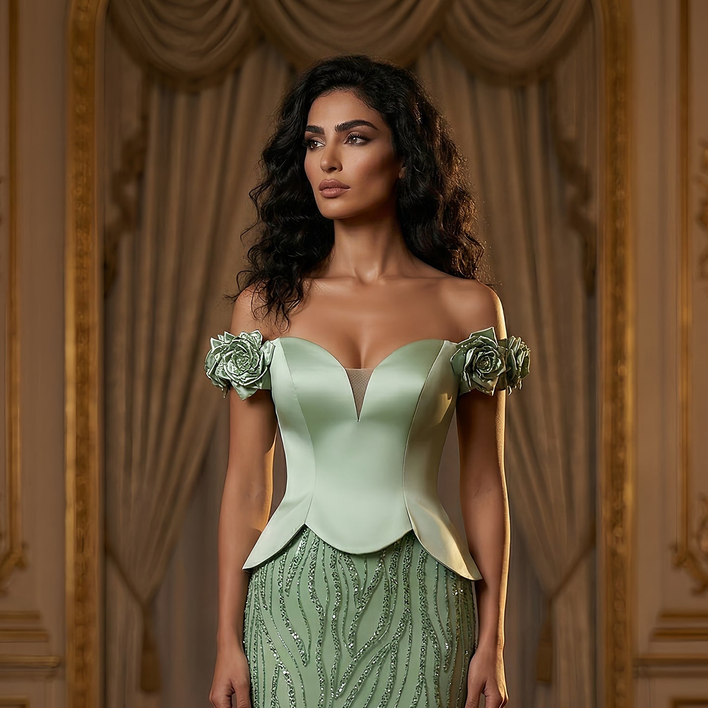Elegant Green Off-the-Shoulder 3D Floral Sequin Formal Evening Dress SS640