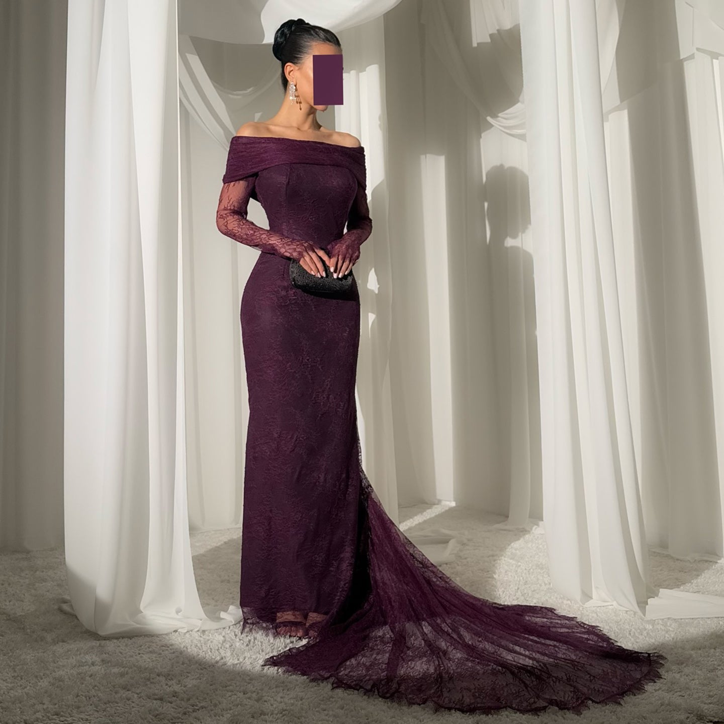 Luxury Purple Off Shoulder Lace Arabic Evening Dress SF205