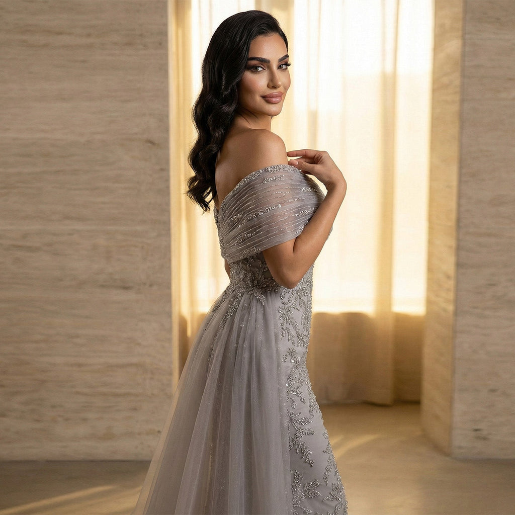 Elegant Gray Sheer Beaded Off-Shoulder Mermaid Evening Dress SS527