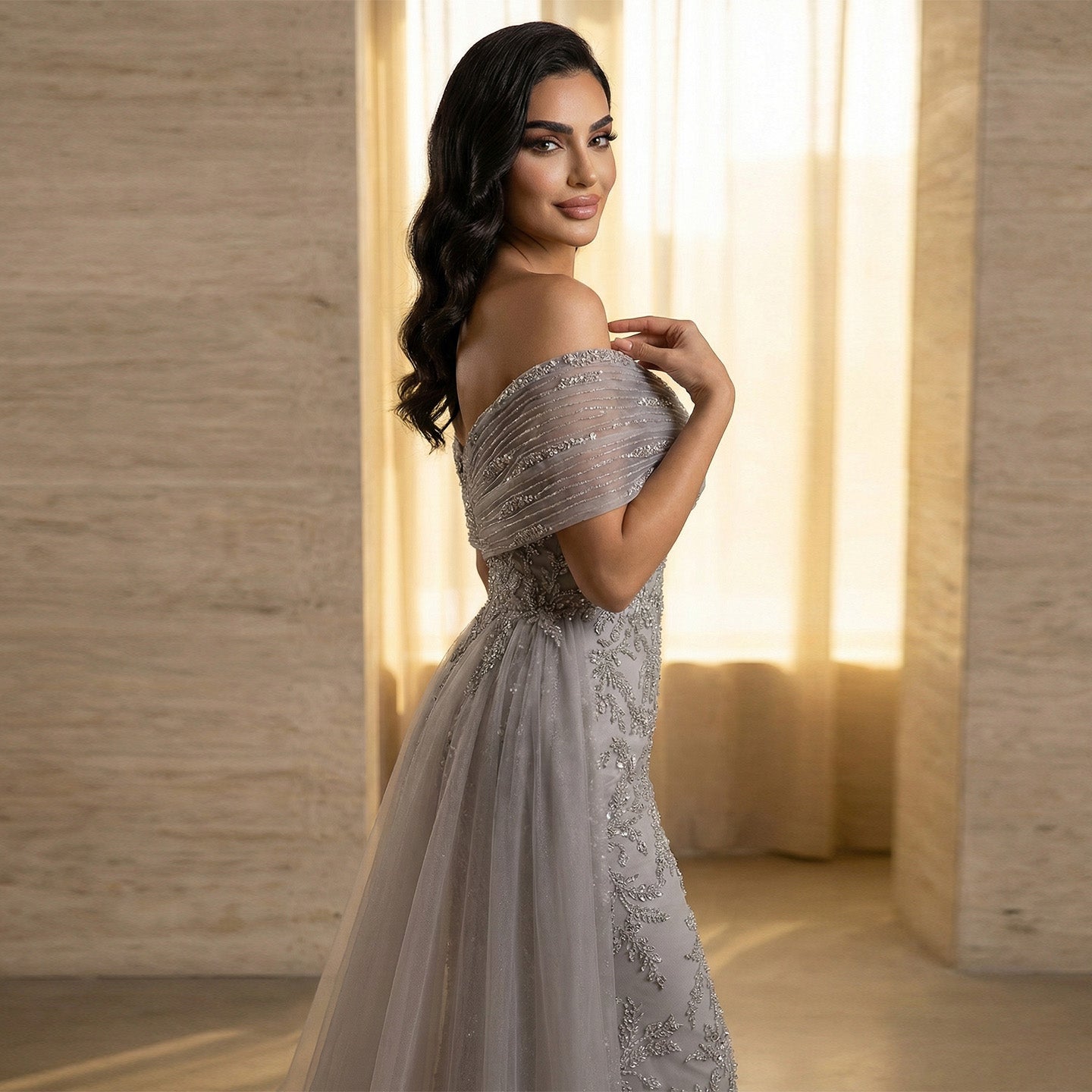 Elegant Gray Sheer Beaded Off-Shoulder Mermaid Evening Dress SS527