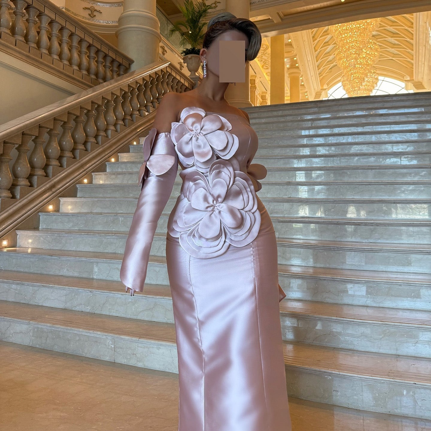 Luxury Pink 3D Floral Strapless Evening Dress with Split Tail SF394