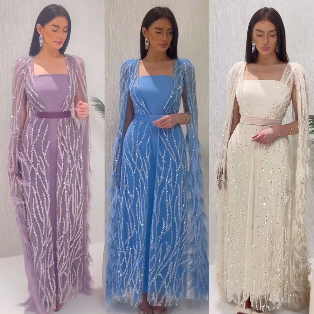Luxury Feathers Light Yellow Evening Dress with Cape Sleeves SS420