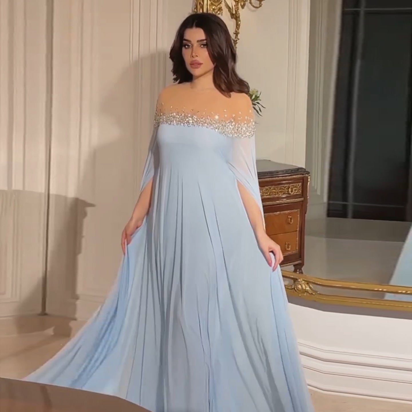 Luxury Crystal Baby Blue Evening Dress with Cape Sleeves SS308