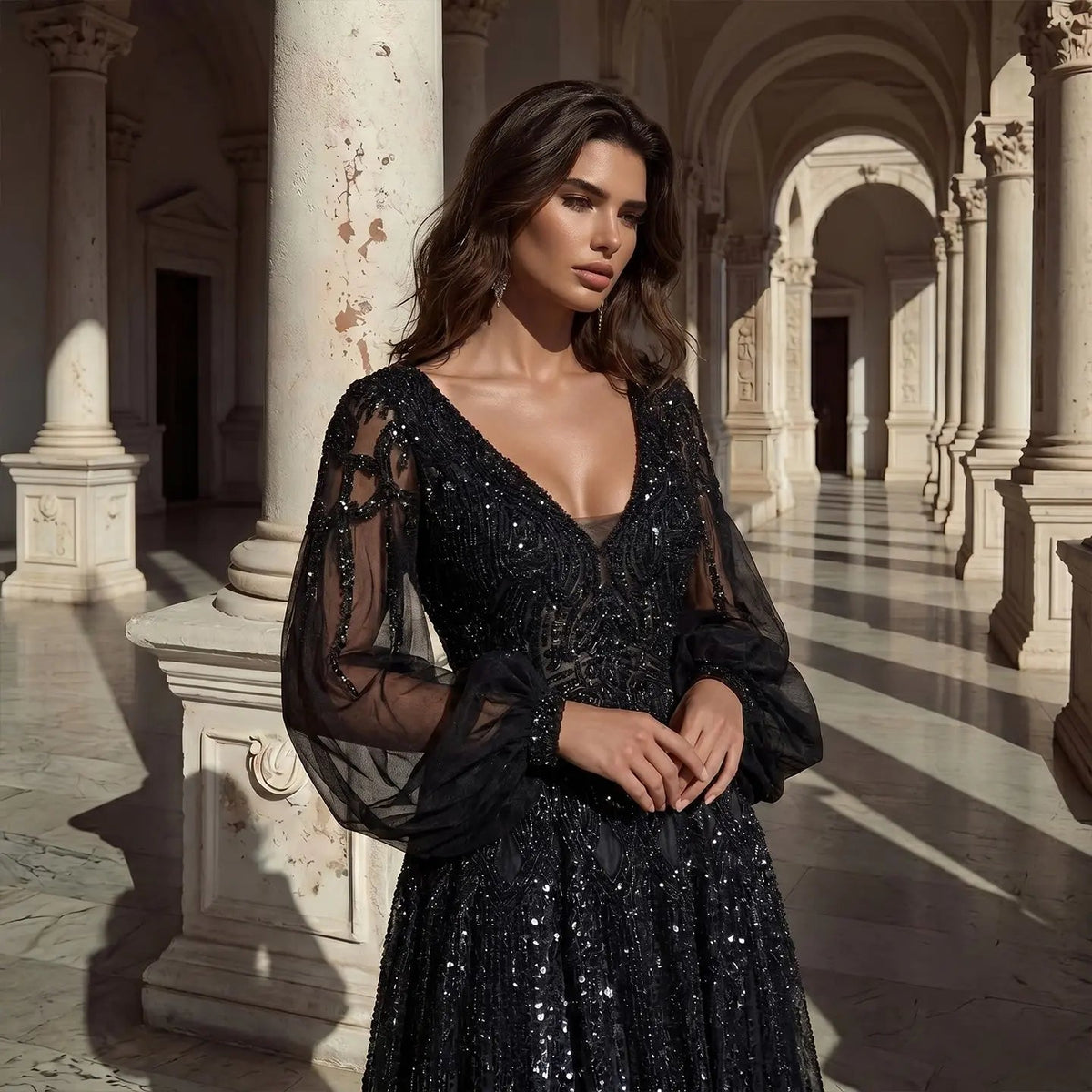 Glamorous Pink Allover Beaded Sheer Tulle Bubble Sleeve Formal Evening Dress SS057