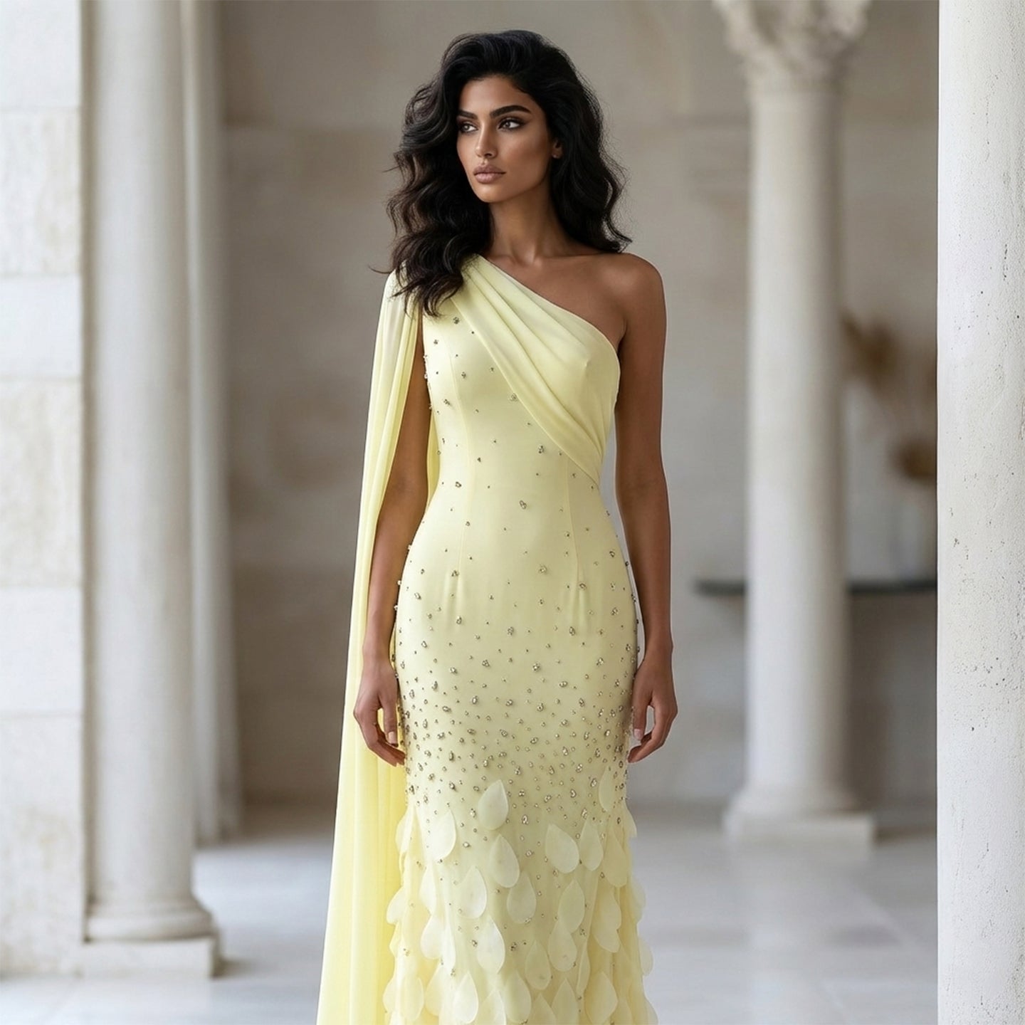 Luxury 3D Floral Crystal Yellow Fitted Evening Dress XD034