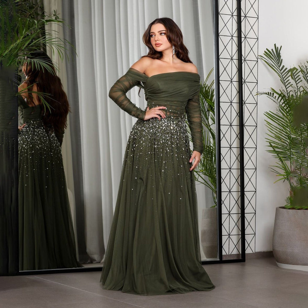 Luxury Crystal Royal Blue Long Sleeves Evening Dress SF333