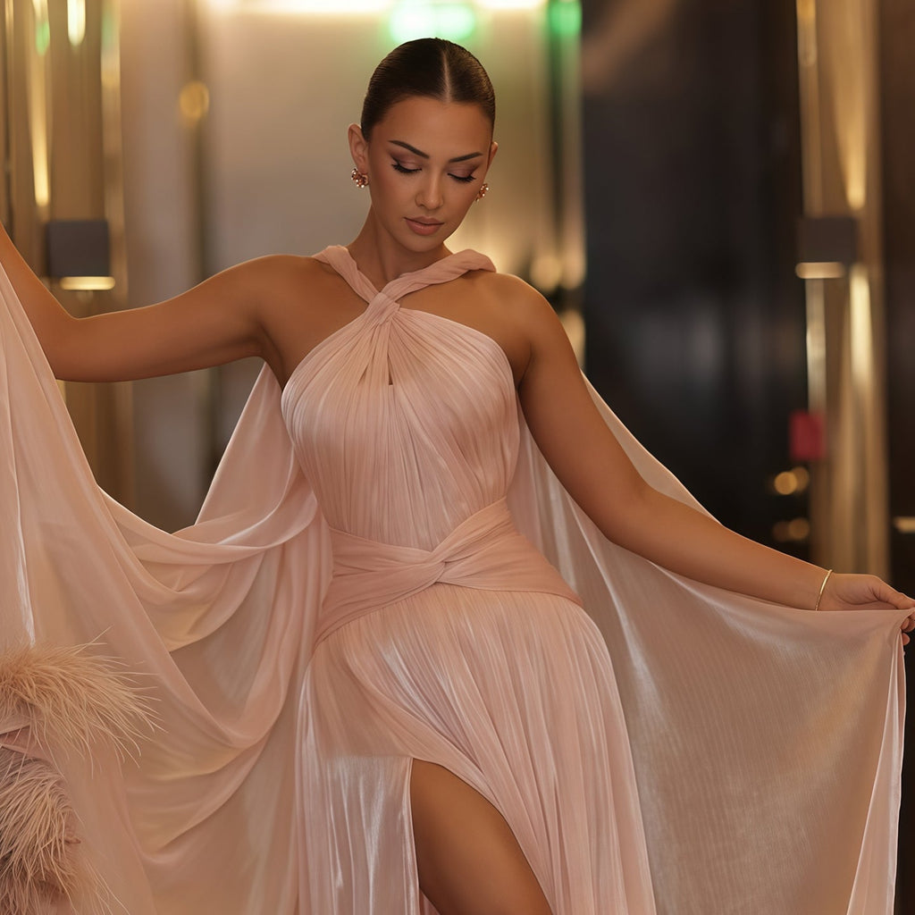 Elegant Pink Halter Neck Pleated Feather Trim Chiffon Evening Dress SF260