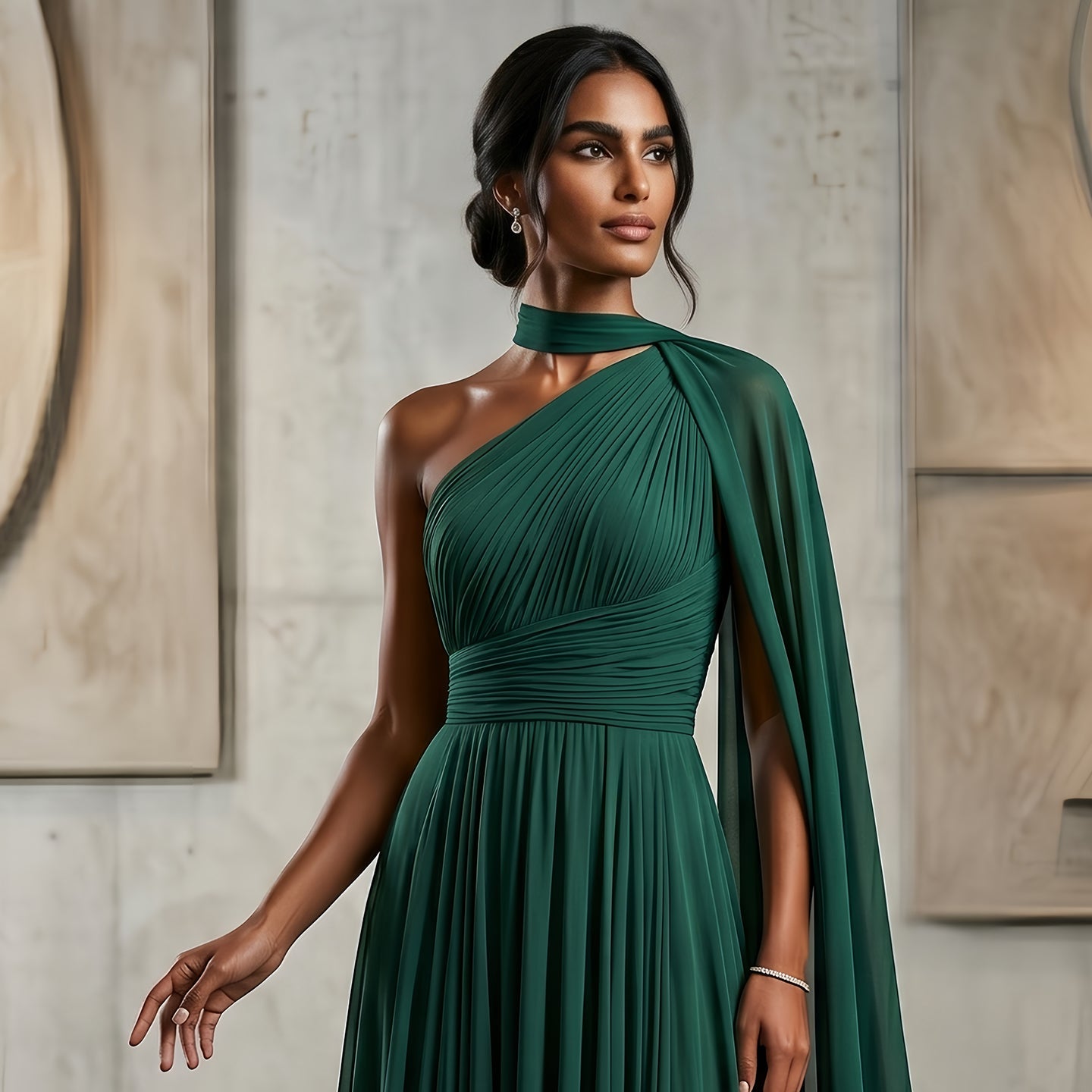 Elegant Emerald Green One-Shoulder Pleated Chiffon Evening Dress with Cap SF019A