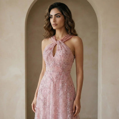 Luxury Gradient Pink Halter Neck Beaded Sequin Evening Dress SS709