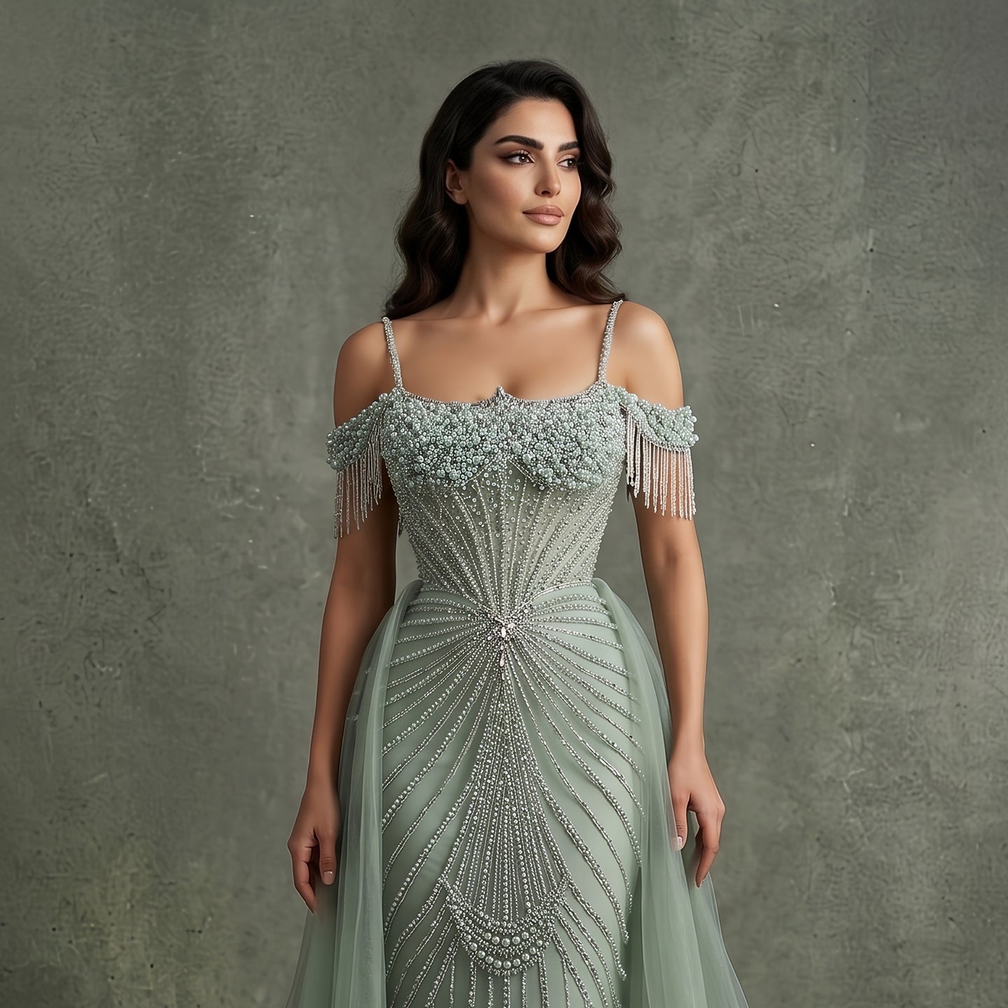 Elegant Green Spaghetti Strap Beaded Evening Dress with Overskirt SS121