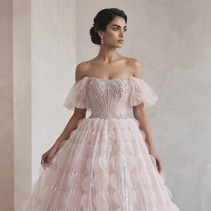 Luxury Crystal Ball Gown Blush Pink Ruffles Evening Dress SS733