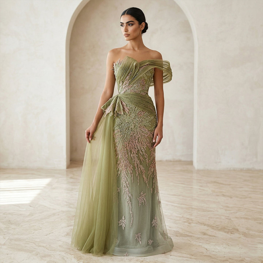 Elegant Gradient Blue Draped Beaded Evening Dress with Overskirt SS293