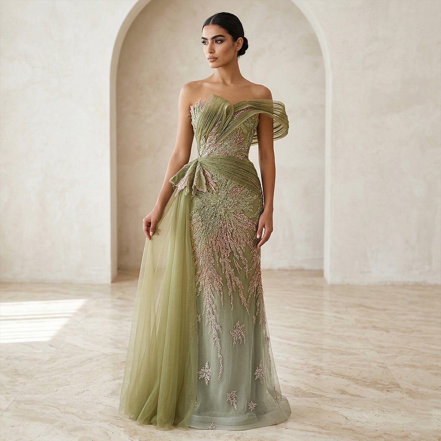 Elegant Gradient Blue Draped Beaded Evening Dress with Overskirt SS293