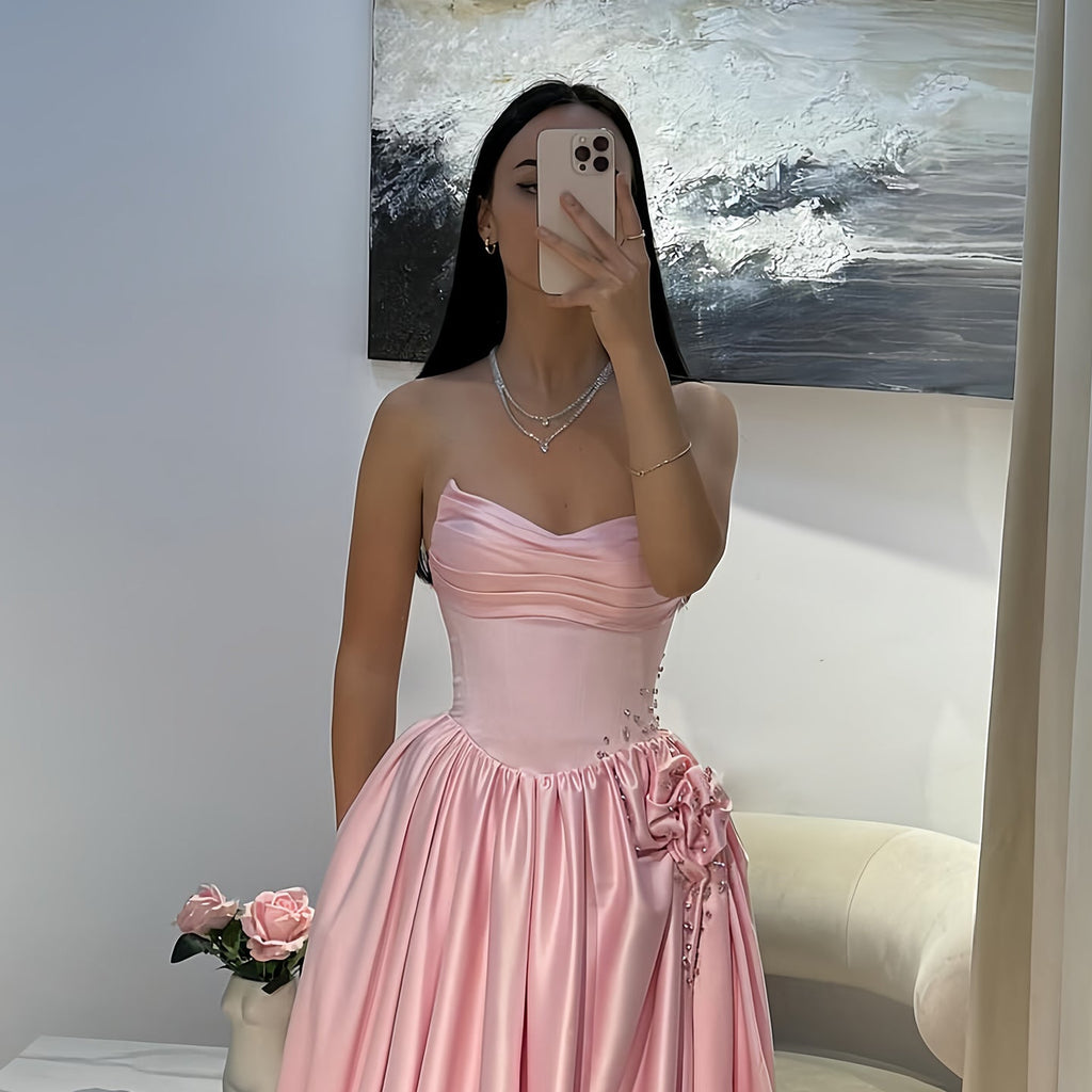Glamorous Pink Sweetheart Satin Evening Dress with Bow SF522