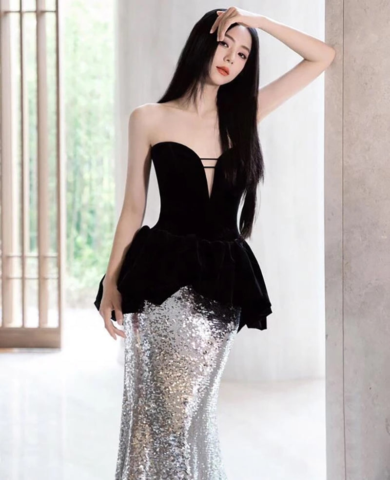 Edgy Black Silver Velvet Deep V-Neck Peplum Sequin Evening Dress SF425