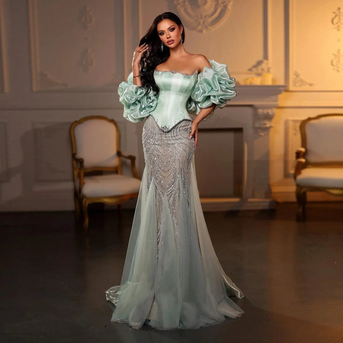 Luxury Aqua Strapless Puff Sleeve Beaded Mermaid Evening Dress SS501