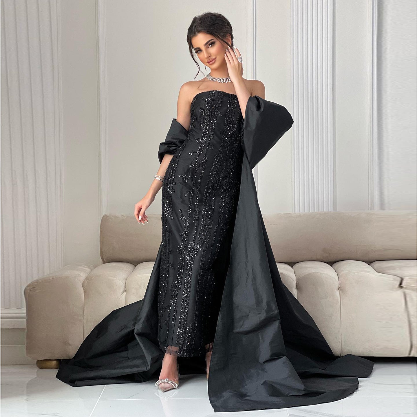 Luxury Beaded Blue Strapless Sheath Evening Dress with Cape SS454