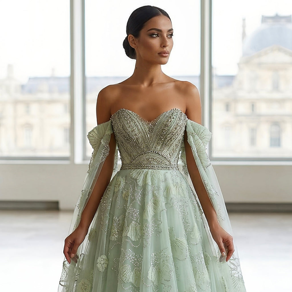 Elegant Sage Green Floral Beaded Off-the-Shoulder Tulle Evening Dress SS754