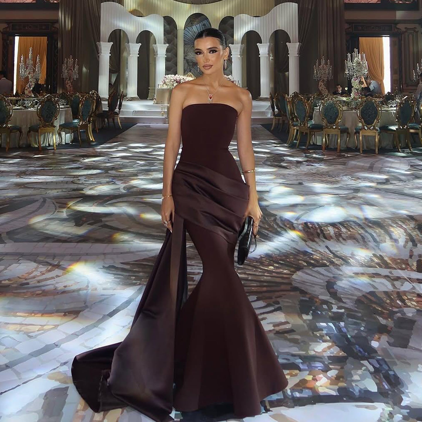 Luxury Burgundy Brown Strapless Mermaid Satin Evening Dress with Overskirt SF061